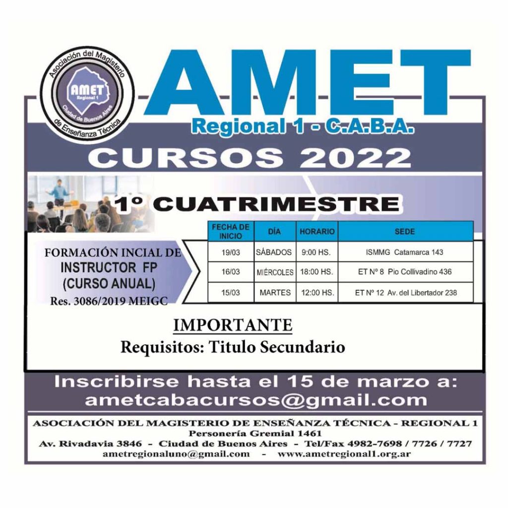 Datos para inscribirse a la formación para instructores de Educación Técnica en la Ciudad de Buenos Aires que ofrece AMET en 2022